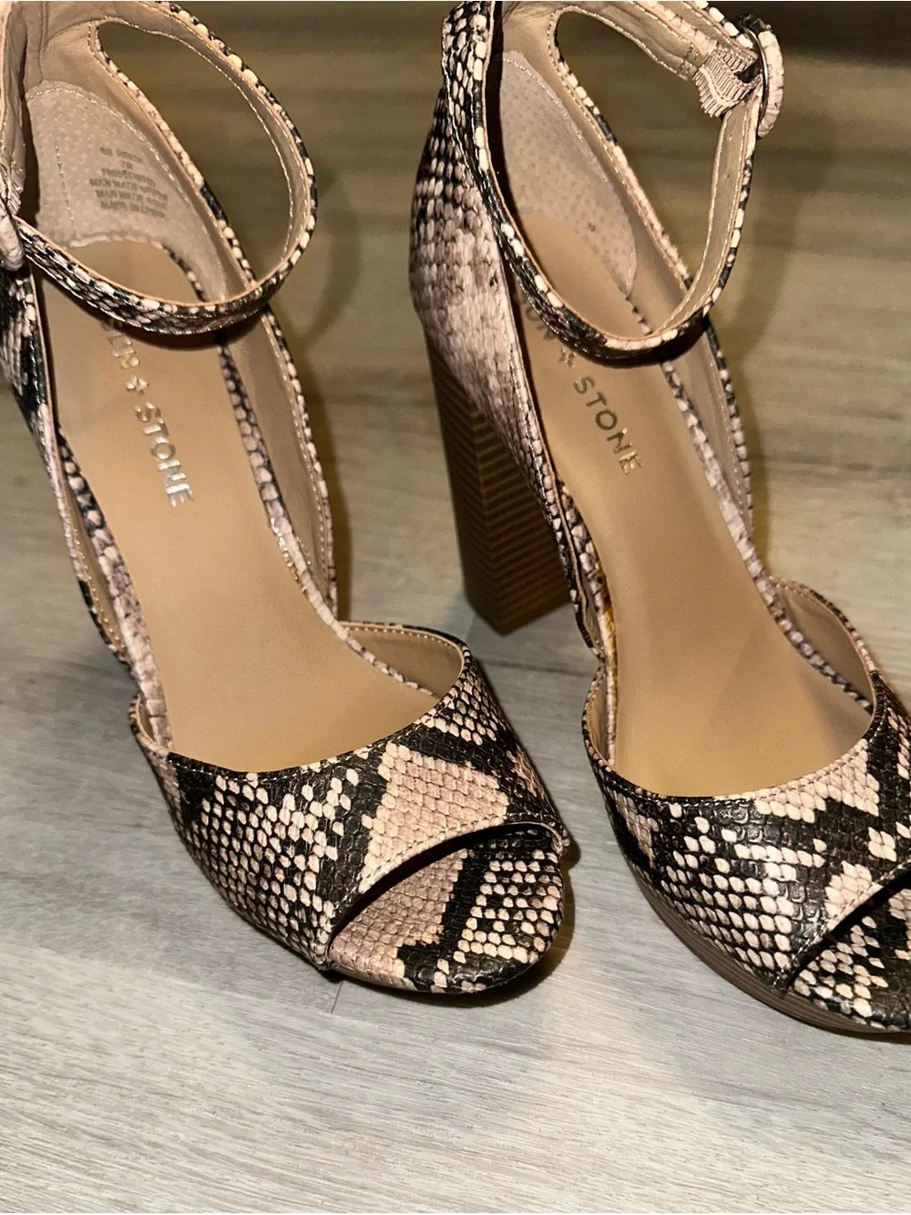 Sun + Stone - Beige and Black Snake-Print Ankle Strap Block Heels